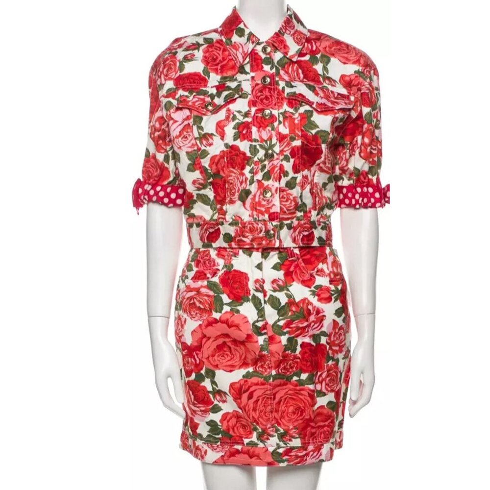 Moschino Floral Red Rose Bud Polka Dot Bow Jean DENIM Jacket SKIRT SET USA Sz 8